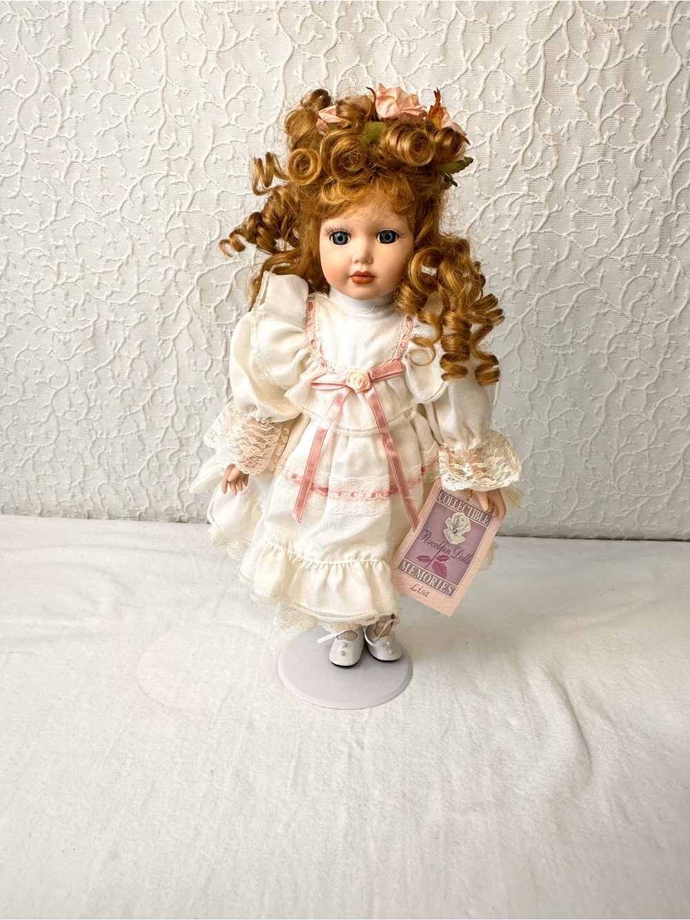 Porcelain Doll with Curly Red Hair and Pink Accents - Kids Toys